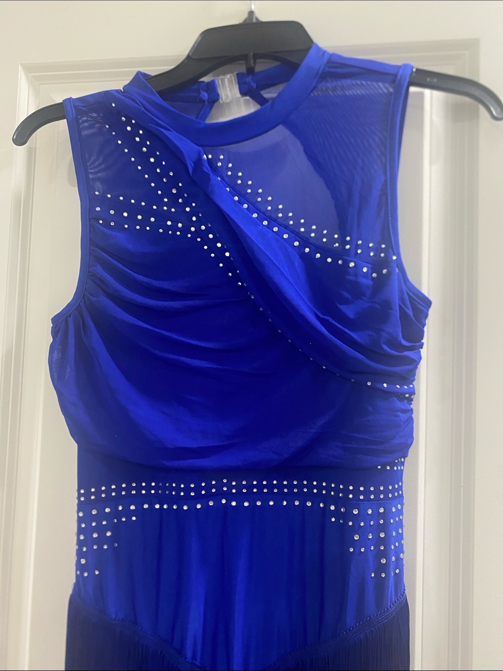 Cobalt Fringe Latin Dance Dress with Crystal Accents - Picture 2 of 3
